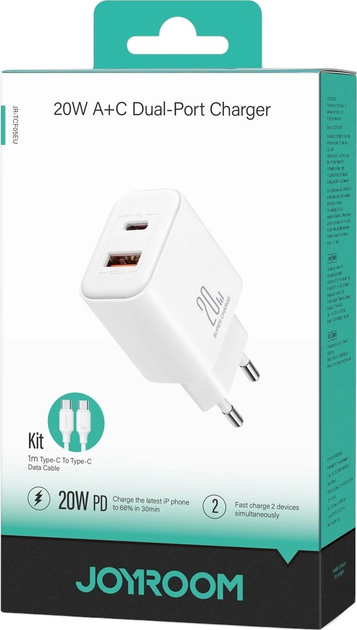 Ładowarka sieciowa JOYROOM JR-TCF05 GaN PD 20 W USB-C + USB-A z kablem USB-C White (6941237128782) - obraz 12