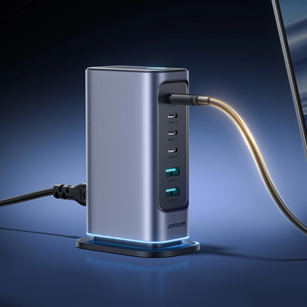 Настільний зарядний пристрій JOYROOM JR-TCM02 GaN 65 Вт EU 4 x USB-C + 2 x USB-A Black-Grey (6956116795528) - зображення 8