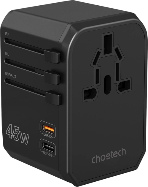 Мережевий зарядний пристрій CHOETECH PD6045 2 x USB-C + 2 x USB-A 45 Вт US/EU/UK/AU Black (6932112106209) - зображення 3