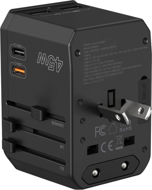 Мережевий зарядний пристрій CHOETECH PD6045 2 x USB-C + 2 x USB-A 45 Вт US/EU/UK/AU Black (6932112106209) - зображення 7