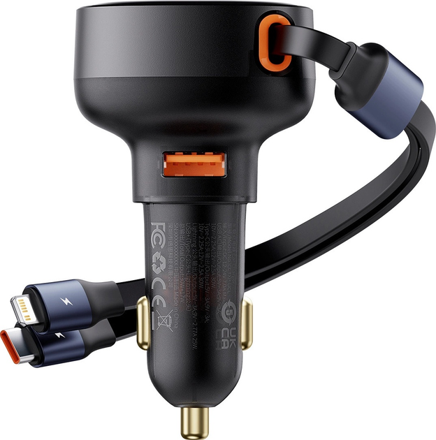 Ładowarka samochodowa Baseus Enjoyment USB-A 60W z wbudowanym podwójnym kablem USB-C/Lightning Black (C00057802111-02)   - obraz 3