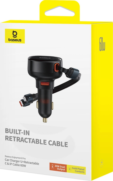 Ładowarka samochodowa Baseus Enjoyment USB-A 60W z wbudowanym podwójnym kablem USB-C/Lightning Black (C00057802111-02)   - obraz 7