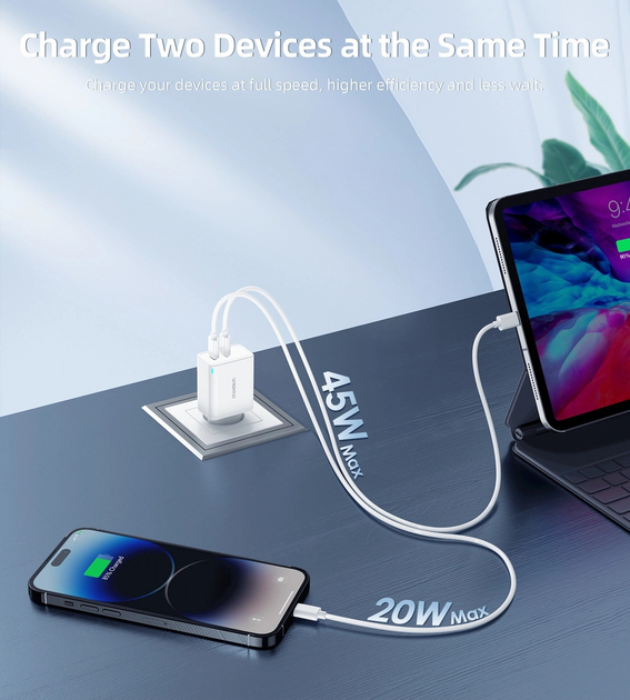 Ładowarka sieciowa CHOETECH PD6013 65 W GaN 2 x USB-C PD White (6932112104380) - obraz 6