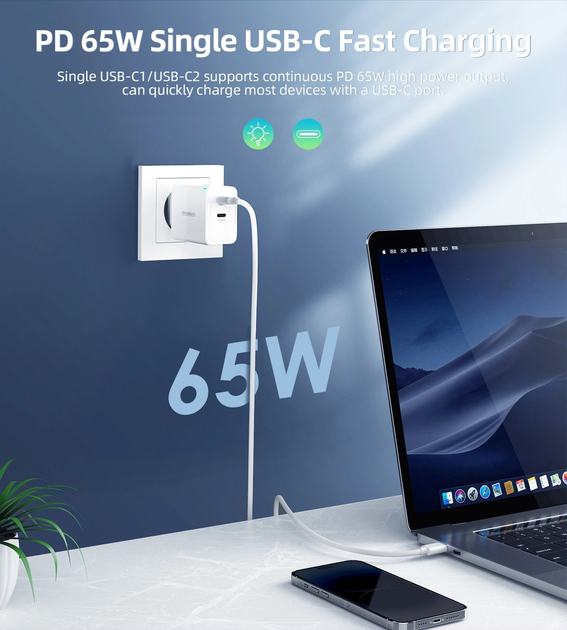 Ładowarka sieciowa CHOETECH PD6013 65 W GaN 2 x USB-C PD White (6932112104380) - obraz 7