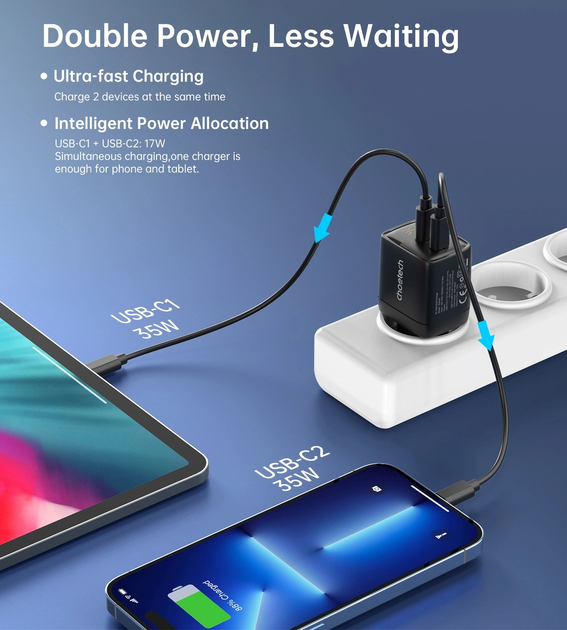 Ładowarka sieciowa CHOETECH PD6051 35 W GaN PD 2 x USB-C White (6932112106100) - obraz 5