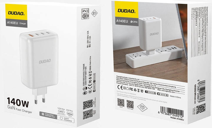 Ładowarka sieciowa Dudao A140EU 140 W GaN PD 3 x USB-C + USB-A White (6973687249212) - obraz 3