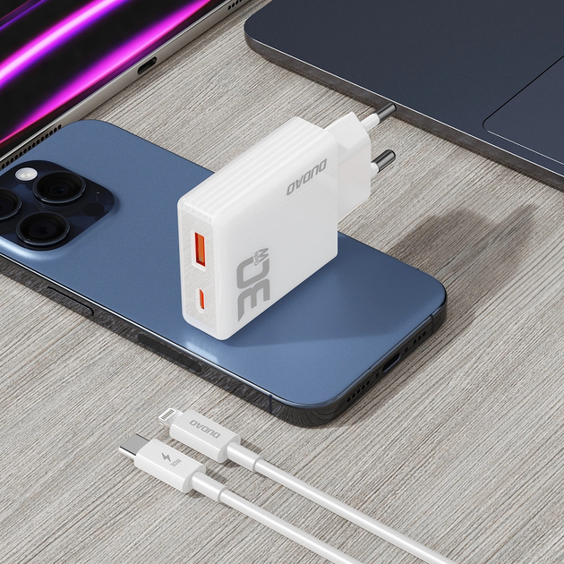 Ładowarka sieciowa Dudao A30EUL 30 W GaN PD USB-C + USB-A + kabel Lightning White (6976625332816) - obraz 8