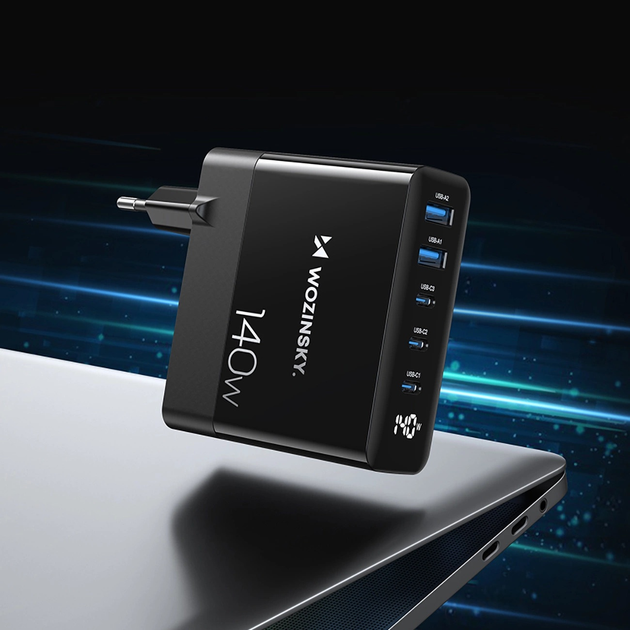 Ładowarka sieciowa Wozinsky CGWCB 140 W GaN 3 x USB-C + 2 x USB-A Black (6976625332809) - obraz 4