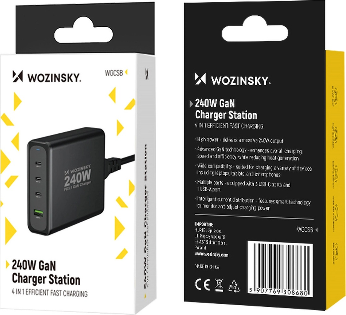Ładowarka sieciowa Wozinsky WGCSB 240 W GaN 3 x USB-C + USB-A Black (5907769308680) - obraz 5