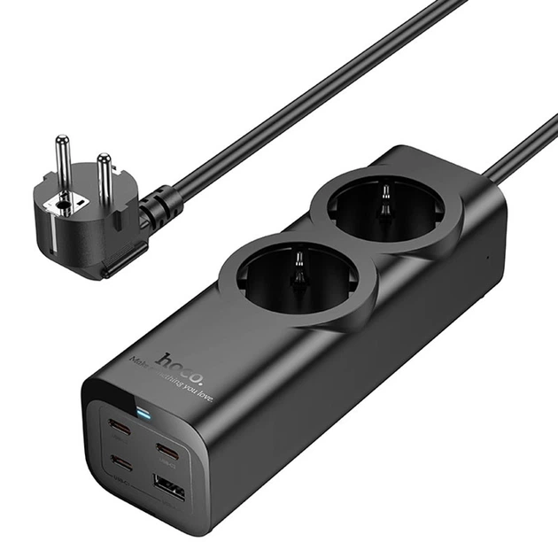 Підовжувач Hoco NS10 Wisdom 2-position PD67W (1USB-A/1C/2Socket) (2m) Black - Фото 3 Підовжувач Hoco NS10 Wisdom 2-position PD67W (1USB-A/1C/2Socket) (2m) Black - зображення 3