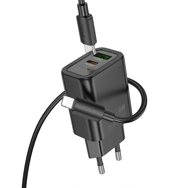 Сетевое зарядное устройство Hoco N63 Gentle PD30W+QC3.0 (1USB-A/1C) + кабель Type-C to Lightning Black - Фото 2 Сетевое зарядное устройство Hoco N63 Gentle PD30W+QC3.0 (1USB-A/1C) + кабель Type-C to Lightning Black - изображение 2