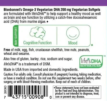 Вегетаріанська омега-3 з водоростей, DHA 200 мг, Bluebonnet Nutrition, 30 рослинних капсул - зображення 2