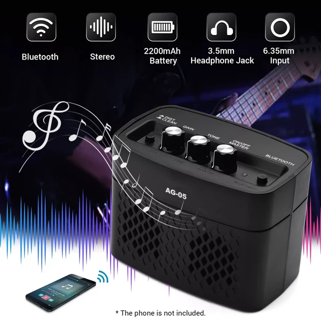 Комбоусилитель портативный для электрогитары Aroma AG-05 BK, Bluetooth, 5 ватт - изображение 2