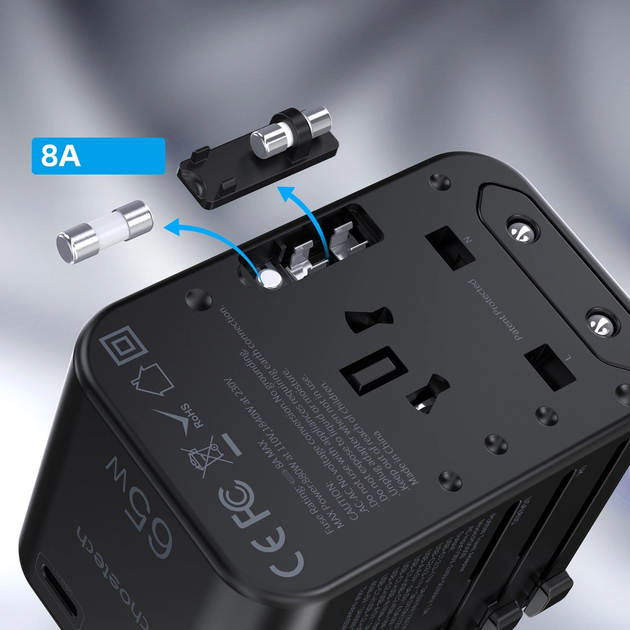 Мережевий зарядний пристрій CHOETECH PD5009-BK 2 x USB-C + USB-A 65 Вт US/EU/UK/AU Black (6932112102027) - зображення 4