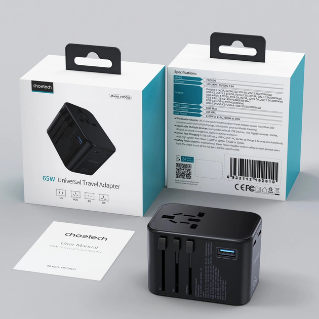 Мережевий зарядний пристрій CHOETECH PD5009-BK 2 x USB-C + USB-A 65 Вт US/EU/UK/AU Black (6932112102027) - зображення 6