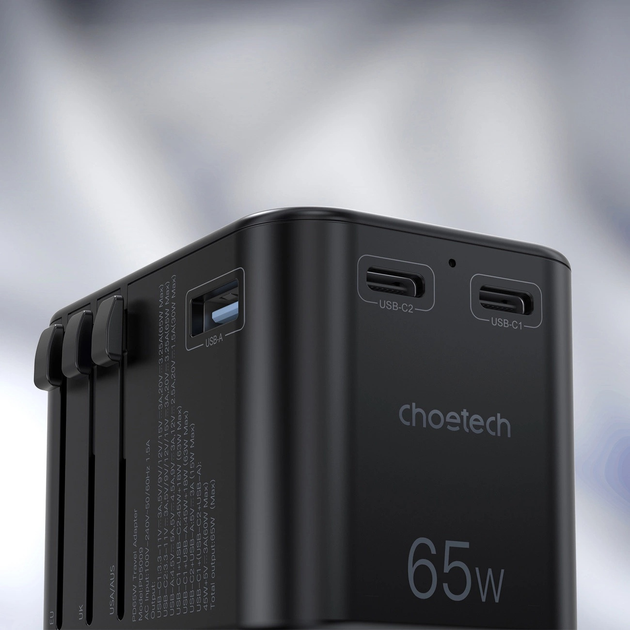 Мережевий зарядний пристрій CHOETECH PD5009-BK 2 x USB-C + USB-A 65 Вт US/EU/UK/AU Black (6932112102027) - зображення 8