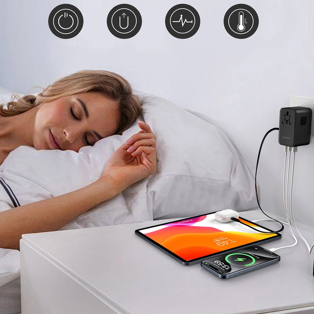 Ładowarka sieciowa podróżna CHOETECH PD5020 2 x USB-A + USB-C 35 W US/EU/UK/AU z wbudowanym kablem USB-C Black (6932112106872) - obraz 8