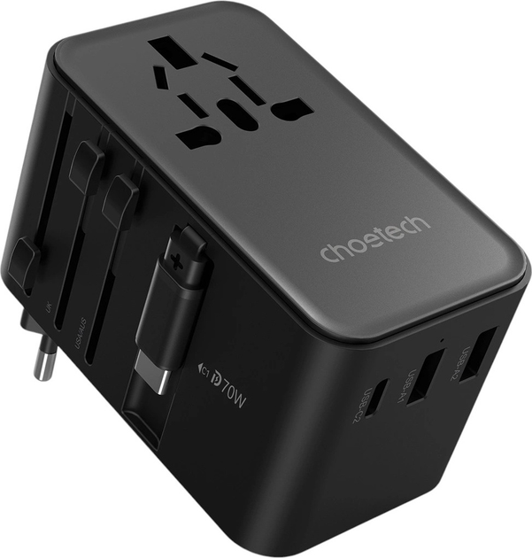 Мережевий зарядний пристрій CHOETECH PD5022 2 x USB-A + USB-C 70 Вт US/EU/UK/AU з вбудованим кабелем USB-C Black (6932112106896) - зображення 1
