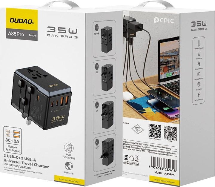 Ładowarka sieciowa podróżna Dudao A35Pro 2 x USB-A + 3 x USB-C 35 W US/EU/UK/AU/JP Black (6976625332618) - obraz 3