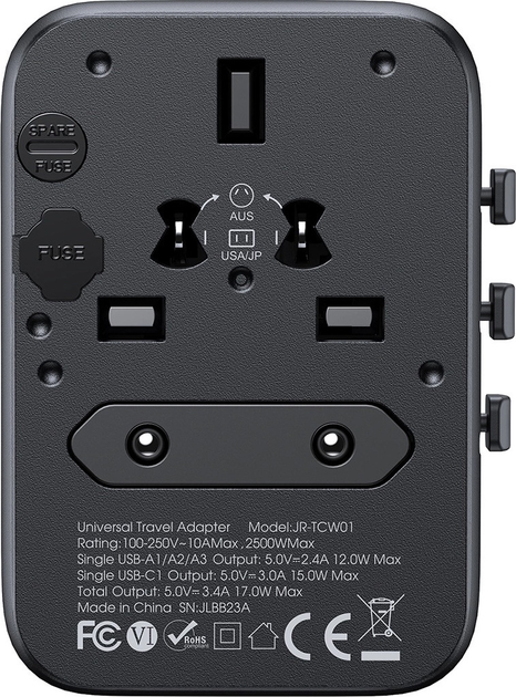 Мережевий зарядний пристрій JOYROOM JR-TCW01 3 x USB-A + USB-C 17 Вт US/EU/UK/AU/JP/CN Black (6956116701963) - зображення 3