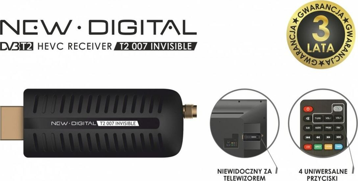 Tuner cyfrowy New Digital T2 007 DVB-T2 HEVC Invisible Black (4779049800150) - obraz 5