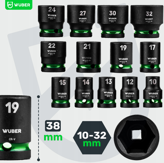 Набор ударных торцевых головок 1/2" 10-32мм 13шт. Wuber - изображение 6