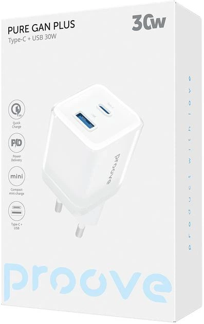 Мережевий зарядний пристрій Proove Pure GaN Plus 30W (Type-C + USB) | Швидка зарядка (WCPU30111202), білий (70071) - Фото 2 Мережевий зарядний пристрій Proove Pure GaN Plus 30W (Type-C + USB) | Швидка зарядка (WCPU30111202), білий (70071) - зображення 2
