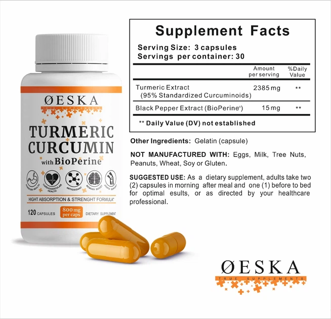 Куркумин Oeska Turmeric Curcumin + BioPerine 800мг 90 капсул | Экстракт Куркумин и Черного Перца | Куркумин с Биоперином - изображение 3