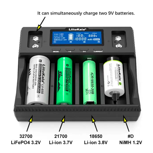 Зарядное устройство LiitoKala Lii-D4XL, для аккумуляторов 21700, 18650, 26650, 26700, 32700, AAA, 9В - изображение 6