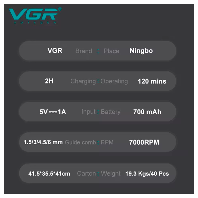Триммер аккумуляторный VGR V-900 GREEN, 4 насадки, 7000 RPM, 700mAh, LED дисплей - изображение 3