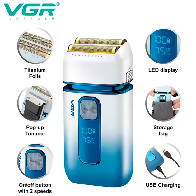 Электробритва VGR V-362 WHITE шейвер, двойное лезвие, триммер, водонипроицаемая, LED дисплей - изображение 6