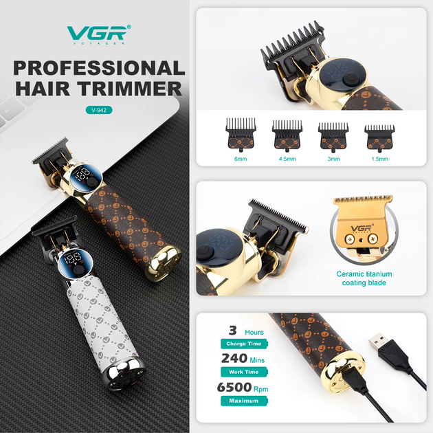 Триммер аккумуляторный VGR V-942 BROWN, 4 насадки, LED дисплей - изображение 5