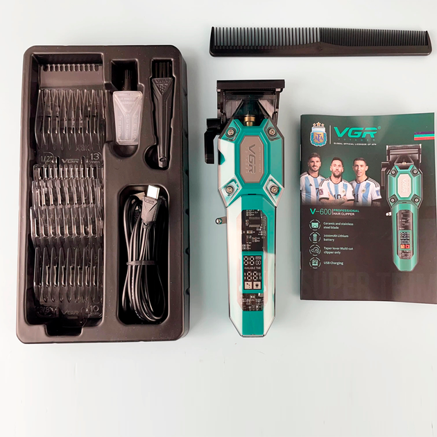 Аккумуляторная машинка для стрижки VGR V-600 GREEN, 6 насадок, регулятор высоты, 7000 RPM, LED дисплей - изображение 6