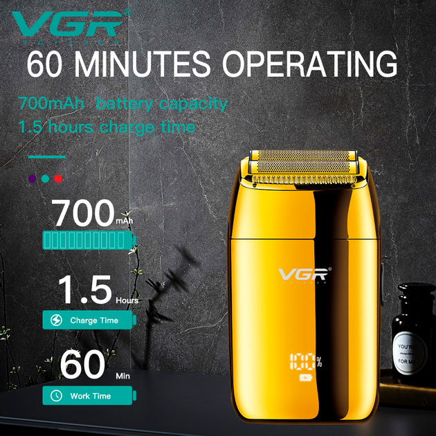 Электробритва VGR V-399 GOLD шейвер, влагостойкая, дополнительная насадка, LED дисплей - изображение 6