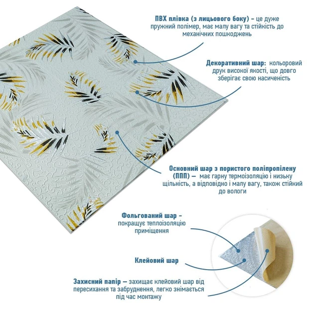 Самоклеющаяся стеновая 3Д панель-вагонка "папоротник" 680x670x4мм Бирюзовый - изображение 3