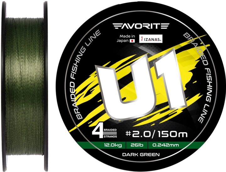 Шнур Favorite U1 PE 4x 150 м #2.0/0.242 мм 26lb/12.0 кг Dark Green (16931171) - Фото 1 Шнур Favorite U1 PE 4x 150 м #2.0/0.242 мм 26lb/12.0 кг Dark Green (16931171) - изображение 1