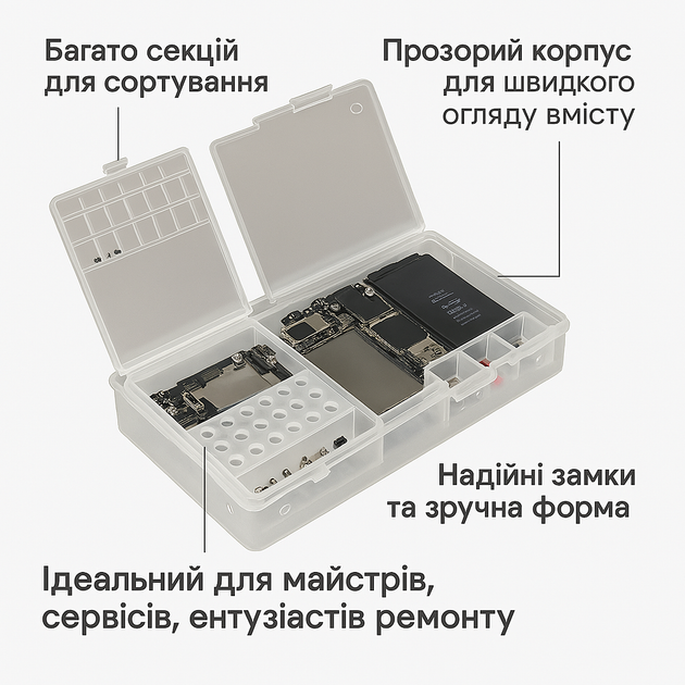 Пластиковый бокс W203 для хранения деталей разобранного смартфона 185×95×36 мм, прозрачный органайзер - изображение 3