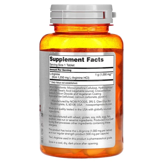 Аргинин NOW Sports L-Arginine 1000 mg Double Strength, 60 таблеток - изображение 2