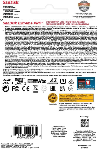 Карта пам'яті SanDisk Extreme Pro microSDXC 2TB UHS-I U3 + SD adapter (SDSQXCD-2T00-GN6MA) - зображення 4