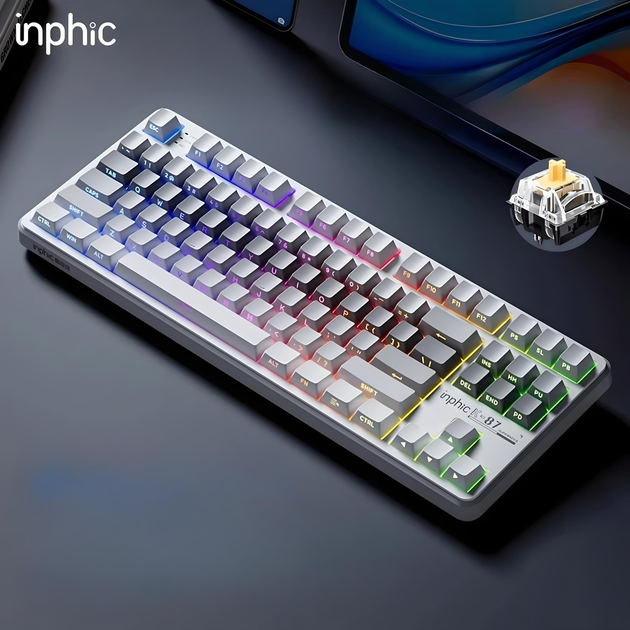 Механічна клавіатура Inphic K87 c комбінованим підключенням, підсвічуванням, 8000 мАг, Switch: Black-Gold, G - зображення 3