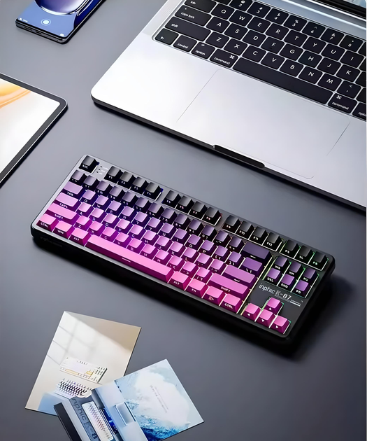 Механическая клавиатура Inphic K87 c комбинированным подключением, подсветкой, 8000 мАч, Switch: Black-Gold, B - изображение 4