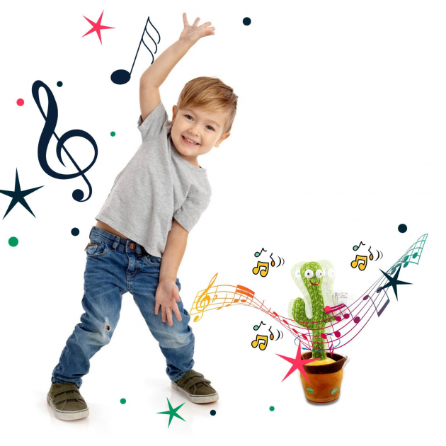 Танцующий поющий плюшевый кактус Dancing Cactus в горшке TikTok Игрушка-повторюшка с подсветкой 120 песен интерактивный на аккумуляторе - изображение 4
