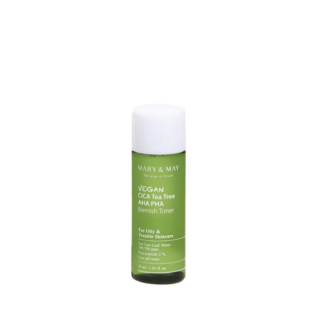 Тонер для лица Mary&May Vegan Cica Tea Tree Aha Pha Blemish Toner с кислотами и экстрактами центлеллы и чайного дерева 30 мл 
