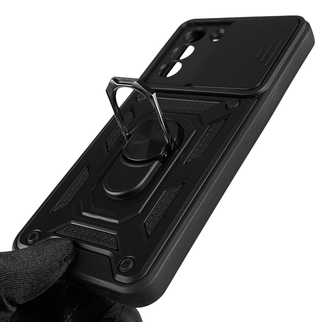 Чехол для Samsung Galaxy S21 5G (SM-G991U) бронированный с кольцом-держателем подставкой со шторкой чёрный - Фото 5 Чехол для Samsung Galaxy S21 5G (SM-G991U) бронированный с кольцом-держателем подставкой со шторкой чёрный - изображение 5