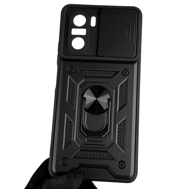 Чехол для Xiaomi Poco F3 бронированный с кольцом-держателем подставкой со шторкой чёрный - Фото 2 Чехол для Xiaomi Poco F3 бронированный с кольцом-держателем подставкой со шторкой чёрный - изображение 2