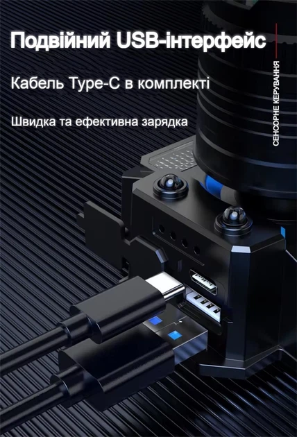 Світлодіодний сенсорний налобний ліхтар F-T51 з датчиком руху, водонепроникний ліхтарик з акумулятором, з USB Type-C, вбудований повербанк 2000 mAh (NL101SV) - зображення 8