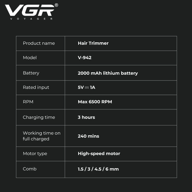 Тример для стрижки VGR V-942, 4 насадки, акумулятор 2000 мА·год, LED-дисплей, білий - зображення 3