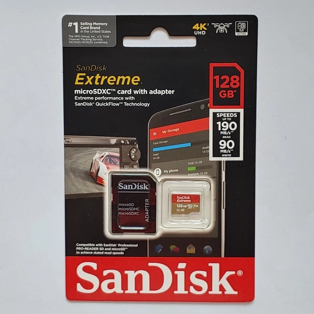 Карта пам'яті SanDisk microSDXC 128GB Extreme 190MB/s Class C10, Full HD & 4K UHD, UHS-I, U3, A2, V30 (SDSQXAA-128G-GN6MA) - Фото 2 Карта пам'яті SanDisk microSDXC 128GB Extreme 190MB/s Class C10, Full HD & 4K UHD, UHS-I, U3, A2, V30 (SDSQXAA-128G-GN6MA) - зображення 2
