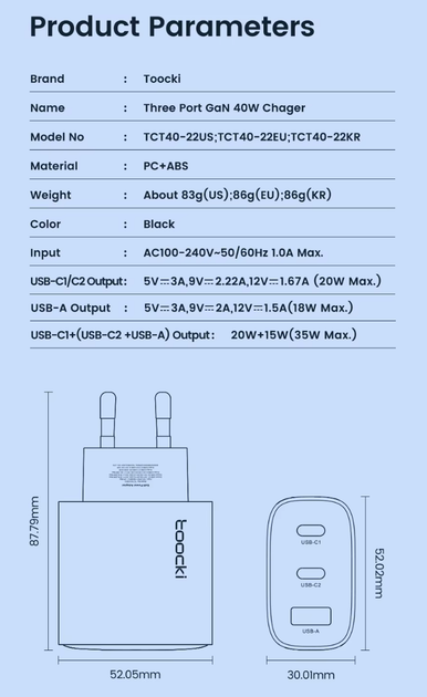 Зарядний пристрій Toocki GaN 40W Fast Charge на 3 порти 2 USB-C і 1 USB-A - зображення 6