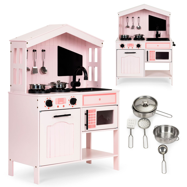 Дерев'яна дитяча кухня EcoToys з духовкою, конфорками, мікрохвильовою піччю та аксесуарами PLK563P Рожева (5905817000012) - зображення 5